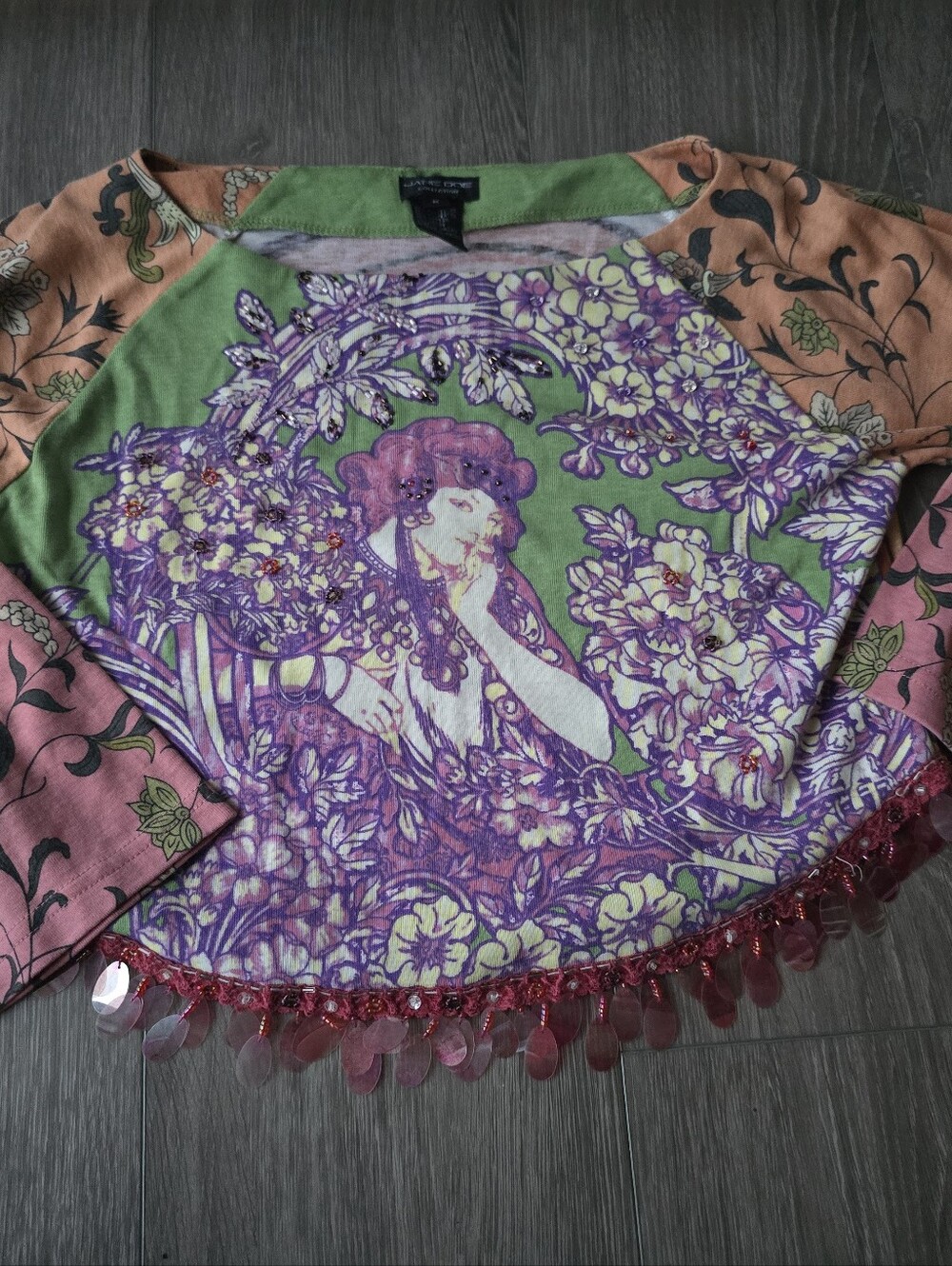 Jane Doe Collection Y2K Mucha Art Nouveau Beaded Paillette Crop Top Boho Sz M
